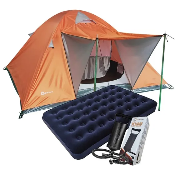 Carpa 4 P Aluminizada + Colchon Inflable 2 Plazas + Inflador