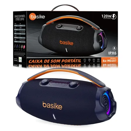 Caixa De Som Basike Ba-RAD207 Edição Atualizada 120W Rádio FM Bluetooth 5.3 TWS RGB Bass Boost Azul 9000mAh