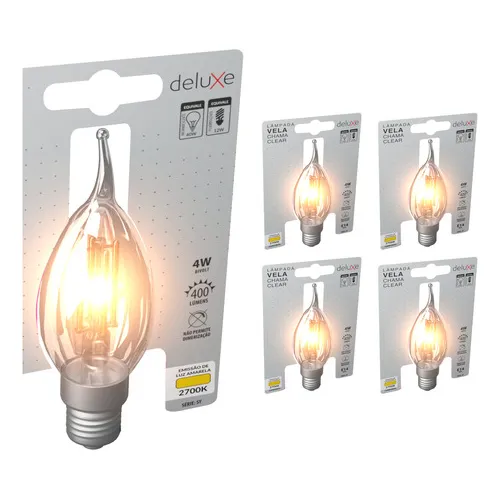 Kit 5 lampadas led vela filamento chama clear 4w 2700k branco quente e14 127/220v cod 351160372-5 Deluxe By Avant