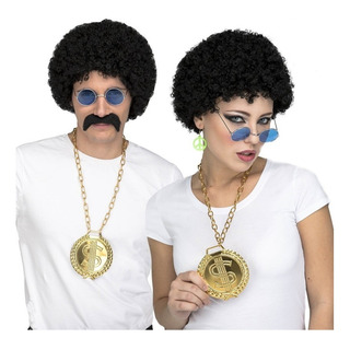 Disfraz Peluca Afro Negra Pack 3pzas, Peluca Rizada 70s,80s Disfraz Peluca Afro Negra Pack 3pzas, Peluca Rizada 70s,80s