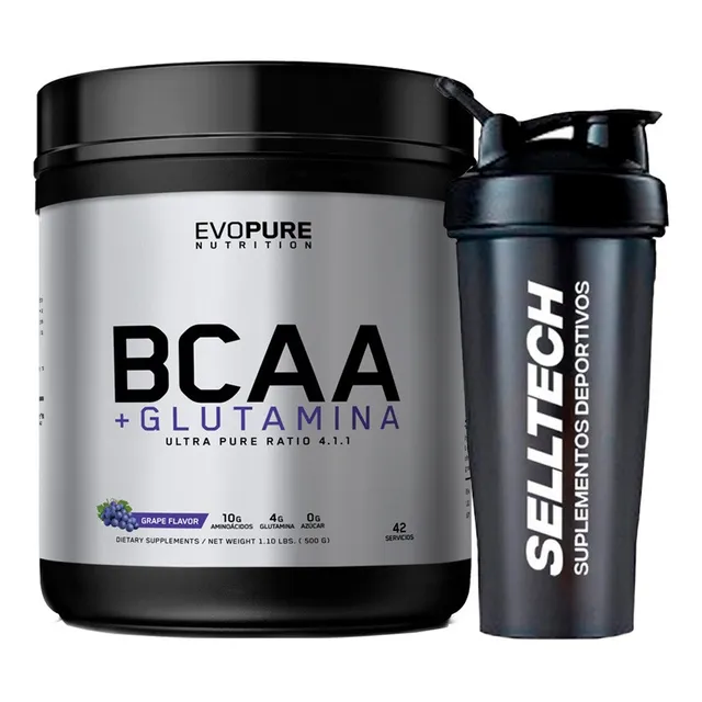 Bcaa + Glutamina Evopure 500gr Uva + Shaker
