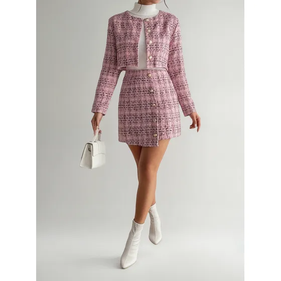Conjunto Chaqueta Y Falda Rosa Tela Tweed Talle M