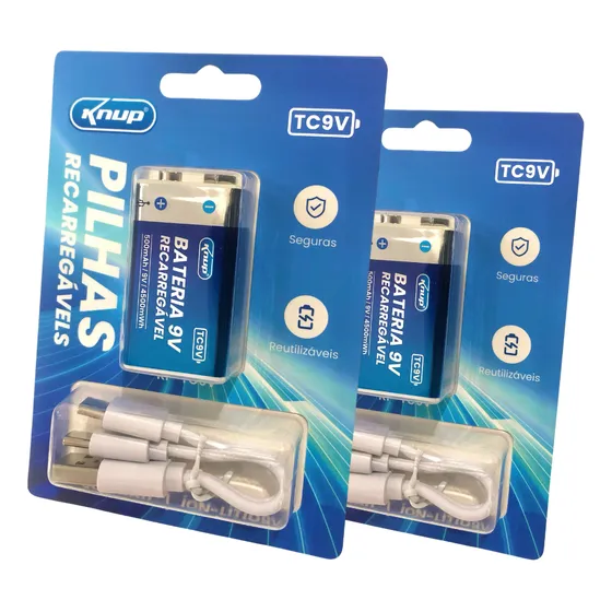 Kit 2 Baterias 9v Recarregáveis 500mah Com Cabo Tipo-c Knup