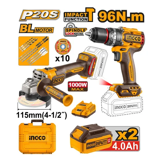 Kit Taladro Inalambrico Impacto 96nm Esmeril 1000w 20v Ingco