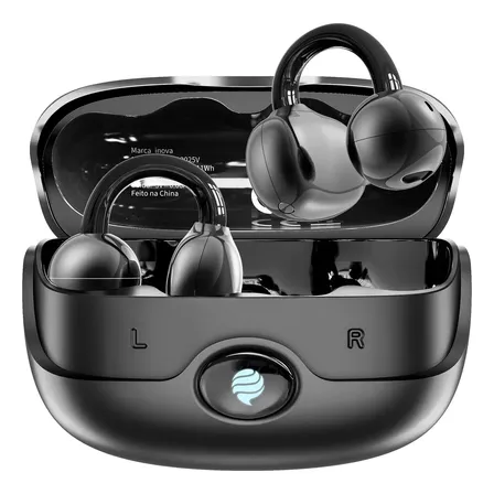 Fone De OuvidoBluetooth INOVA Sem Fio Clip-Ear TWS OWS Hifi 40h IPX5 Cancelamento de Ruído ENC Preto