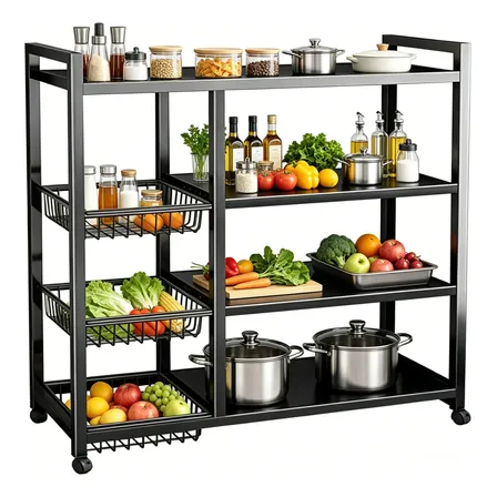 Prateleira Organizador Cozinha Rodas Carrinho Cestas L80cm Preto