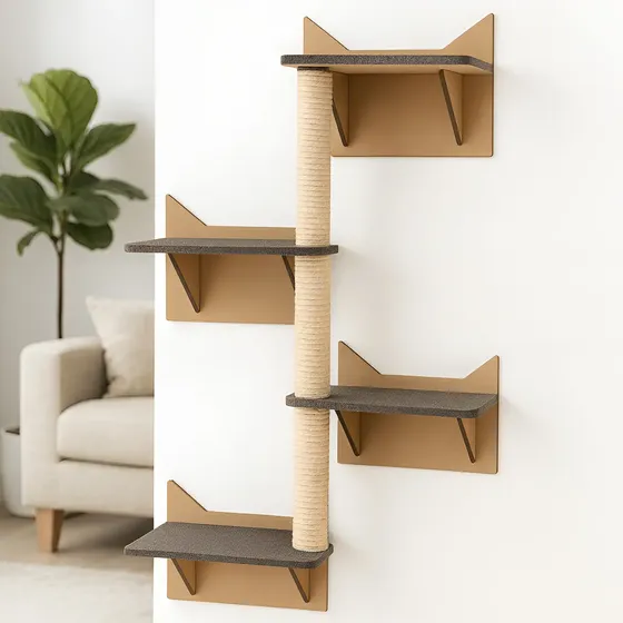 Arranhador De Parede Para Gato Plataformas Poste De Sisal Prateleiras Escalador E Arranhador De Gatos Vertical 4 Níveis Boxfan Ocre