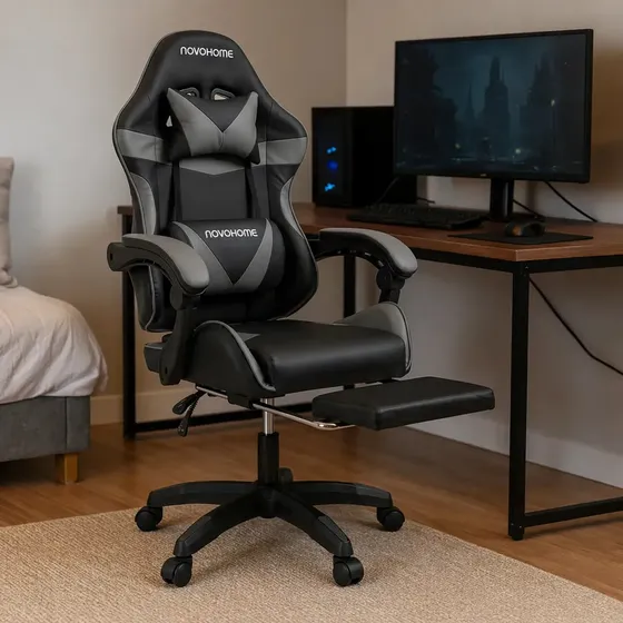 Silla Gamer Novohome Ergonómica Giratoria Reclinable Con Apoya Pies Color Gris