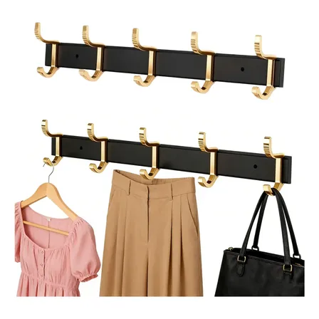Kit 2 Cabideiros De Parede 5 Ganchos Móveis Alumínio Luxo Ouro Negro