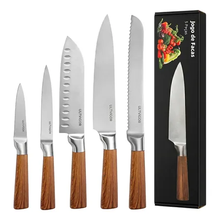 Kit Jogo De Facas Inox Conjunto 5 Peças Cozinha Faca De Chef Marrom