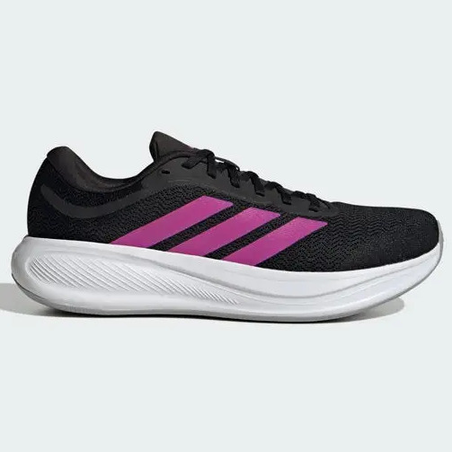 Tênis adidas Response Runner 2 na cor preta com listras laterais roxas e solado branco, visto de perfil lateral