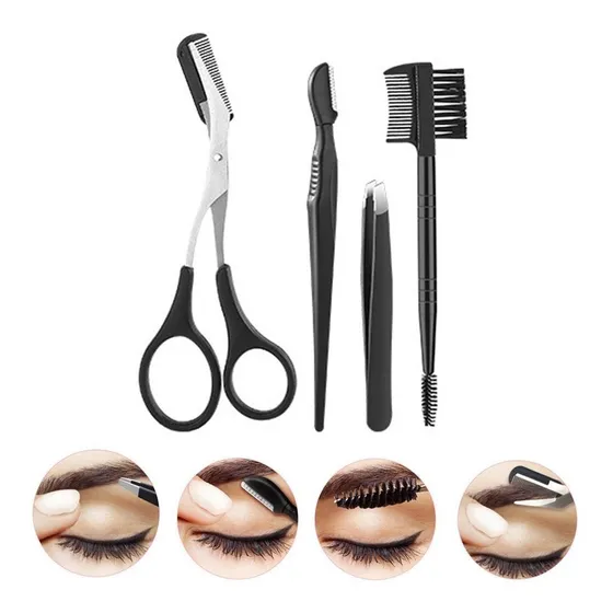Kit P/ Design Sobrancelhas Tesoura Escovinha Pinça Navalha