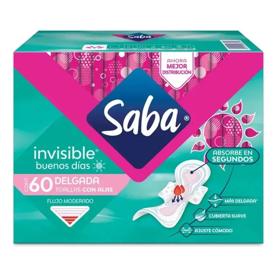 Toallas Sanitarias Saba Invisible Buenos Dias Con Alas 60 Pzs