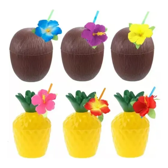 3 Tazas De Coco Y 3 Tazas De Piña Para Fiesta Hawaiana