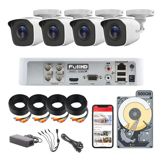 Kit Circuito Cerrado Hikvision HiLook Dvr 4 Canales 4 Cámaras 1080p 2MP Full HD Cables Coaxial 18mts + Disco Duro 500GB