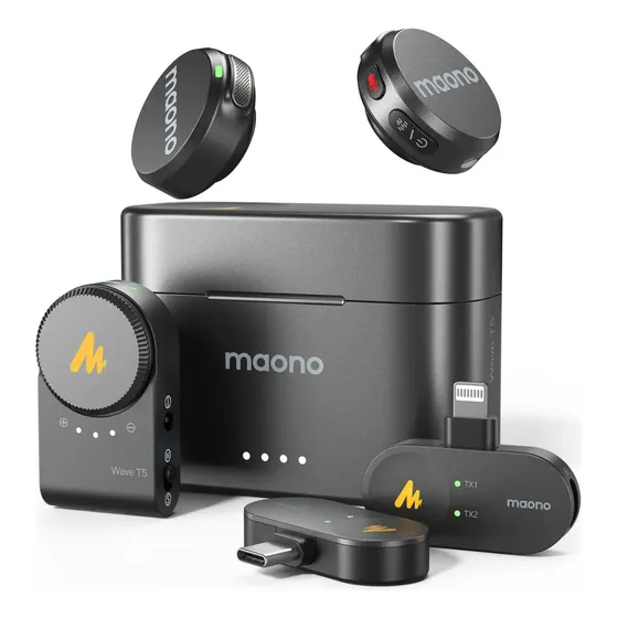 Microfone de Lapela Sem Fio Maono Wavet5 Combo Completo Preto