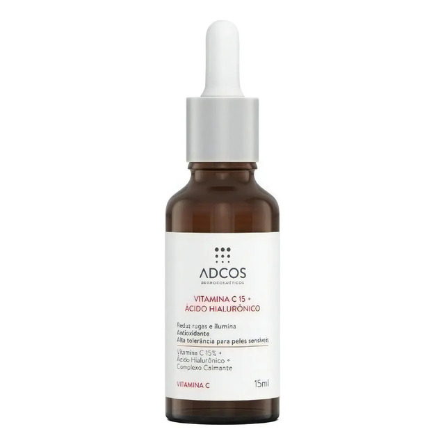 Frasco conta-gotas de vidro âmbar do sérum Adcos Vitamina C 15 + Ácido Hialurônico de 15ml com rótulo branco