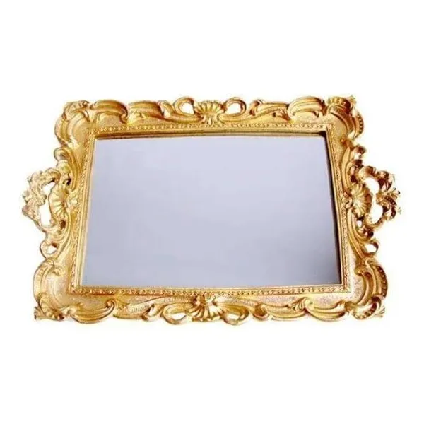 Fuente Dorada Decorativa Con Espejo Bandeja 40 X 26 Cm