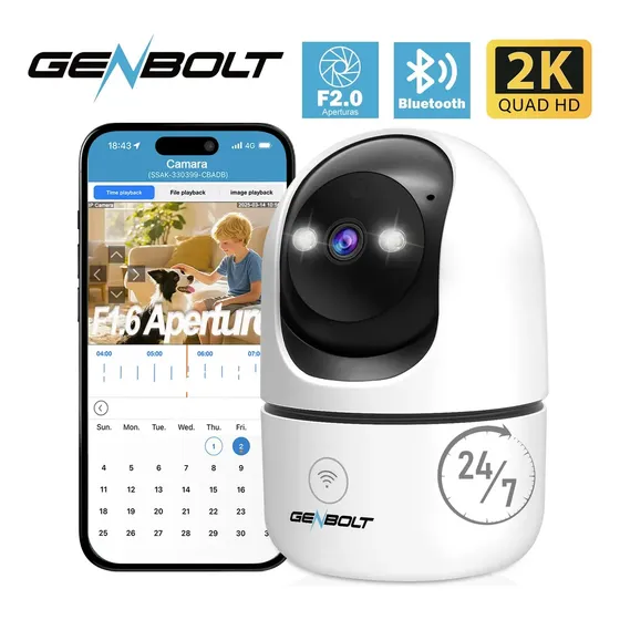 Genbolt Cámaras Seguridad 2K Grabación 24/7 Wifi Interior Ip Doméstica Cctv Con Cable Detección Humanoide Cámara Vigilancia Pet Dog Paseo Automático Niñeras Para Bebés Alarma Audio Bluetooth Para Casa