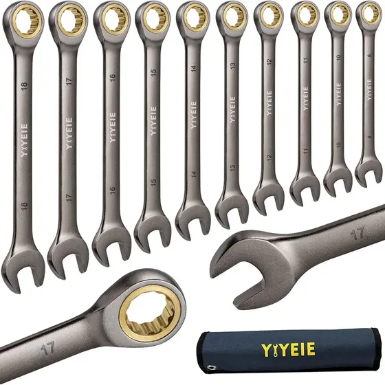 Juego Llaves Combinadas Matraca 10 Pcs Yiyeie Y0008 Métricas 8-18mm Acero Vanadio