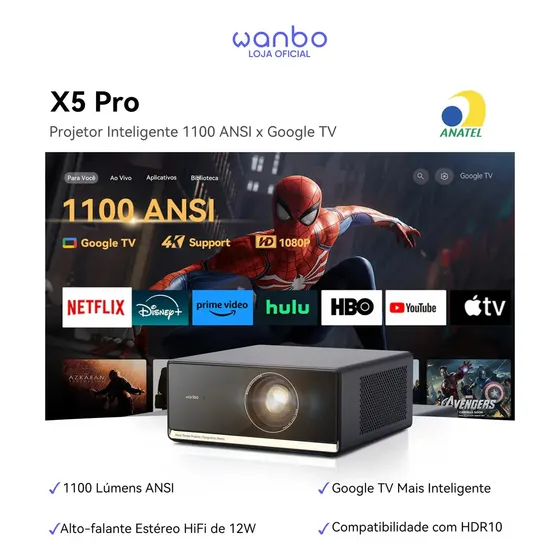 Projetor Inteligente Wanbo X5 Pro 1100 ANSI 1080P Nativo Suporte 4K HDR Google TV Netflix Oficial Co