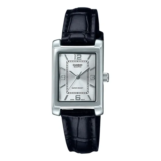 Reloj Mujer Casio Ltp-1234ll-7adf Core Ladies Correa Negro Bisel Plateado Fondo Plateado