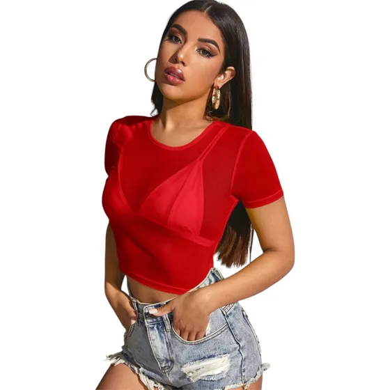 Camisa De Malla Transparente Corta Tipo Crop Top