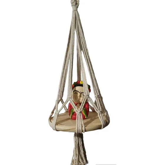 Porta Maceta Macramé Y Madera Movil