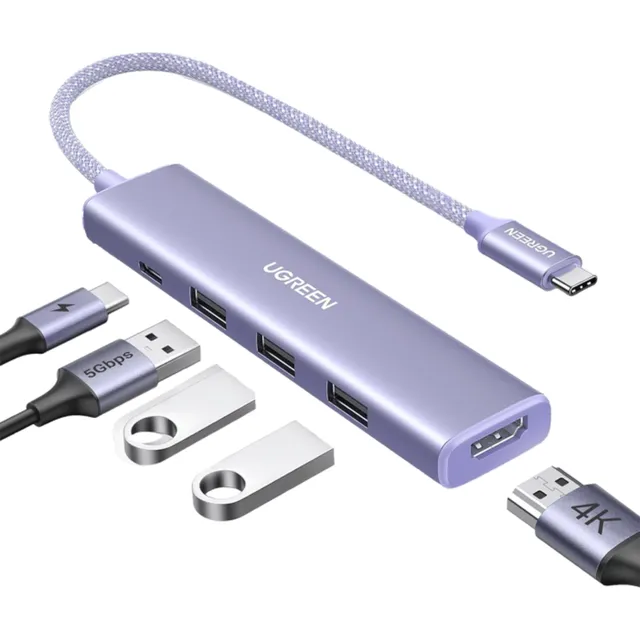 Hub Ugreen 5en1 Usb-a Multipuerto 5gbs Pd-100w Pc Mac Morado