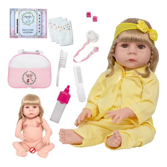 Boneca Tipo Reborn Recém Nascida 46cm Loira Fofinha Completa