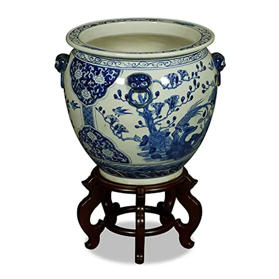 Macetero Chino De Porcelana Azul Y Blanca Con Pájaros Y Flor