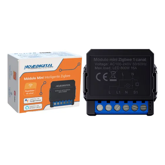 Interruptor Relé Inteligente Zigbee 1 Canal Novadigital Mini Smart Switch Compatível Com Tuya Smart Life Voz Alexa Google Assistant 127/220V Preto