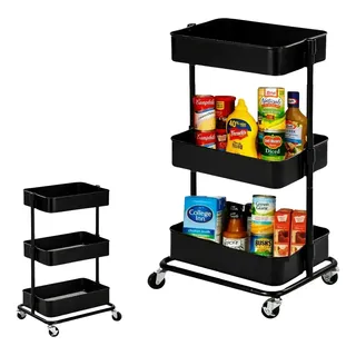 Carrito Organizador Multiusos De 3 Niveles Acero Con Ruedas Negro