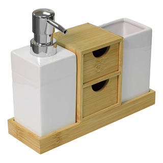 Conjunto Para Banheiro 5 Peças Em Ceramica E Bambu Cor Branco Conjunto Para Banheiro 5 Peças Em Ceramica E Bambu Cor Branco