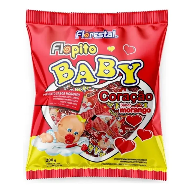Pirulito De Coração Flopito Baby Morango Pacote Com 50 Unid