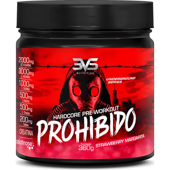 PRÉ TREINO PROHIBIDO 360g - Sabor: Strawberry Margarita - Fórmula Exclusiva com 8 ingredientes contendo Creatina, Beta Alanina, Taurina, Cafeína, Arginina, L-Tirosina, Palatinose e L-Alanina