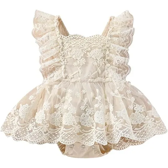 Mameluco Estilo Vestido Con Encaje Sin Mangas Para Niñas