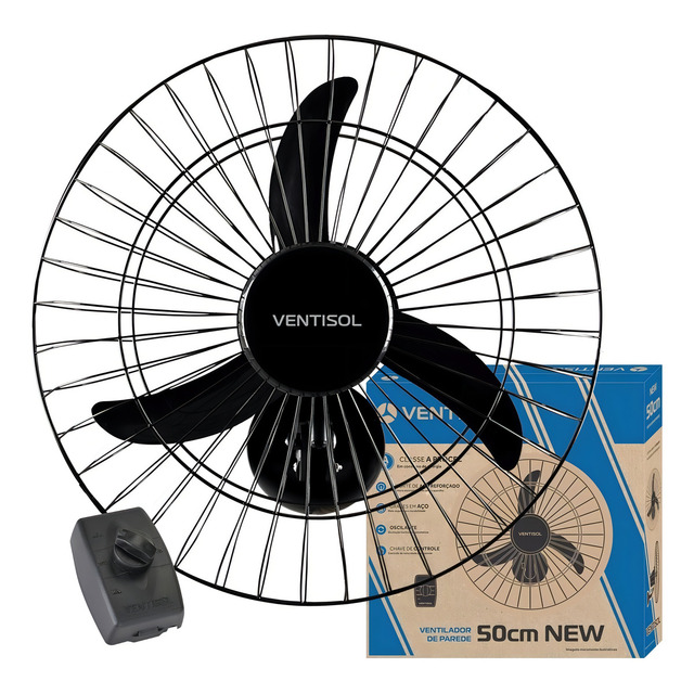 Ventilador De Parede Oscilante Preto 50cm New Plástico 130w 3 Pás Ventisol