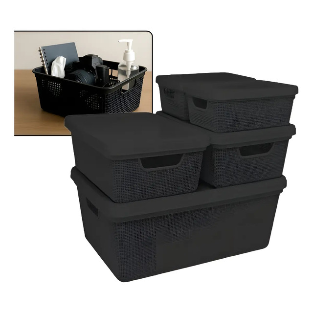 Kit 5 Caixas Organizadoras Cesto Tampa Multiuso 2l 6l 16l Casa Cozinha Banheiro Preto