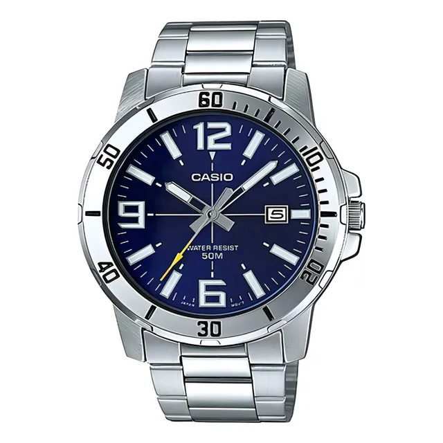 Reloj Casio Hombre Mtp-vd01d, 50m, Fechador Color Del Fondo Azul Color De La Correa Plateado Color Del Bisel Plateado