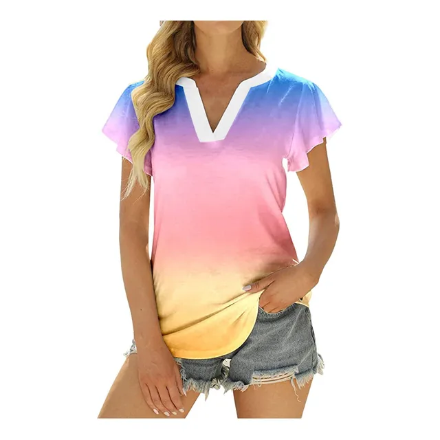 Linda Camiseta Verano Para Mujer Color Graduado Cuello V