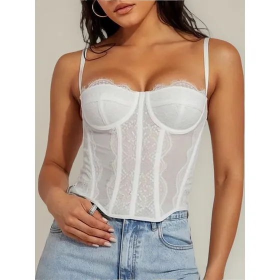 Top Corset Encaje Varillas Bretel Regulable Para Mujer
