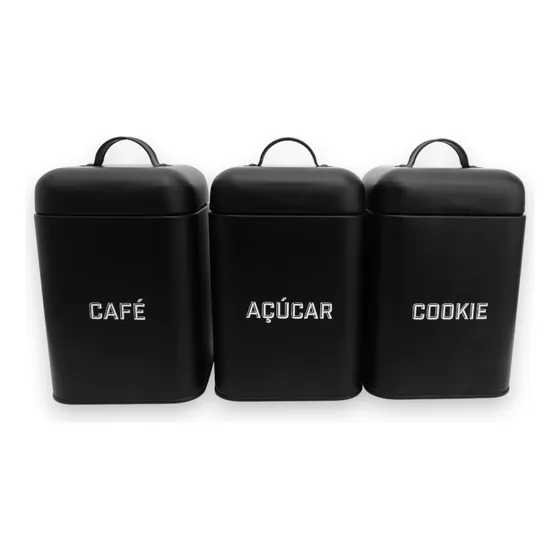 Kit 3 Latas De Café, Açúcar E Biscoitos Retrô Preta Tampa