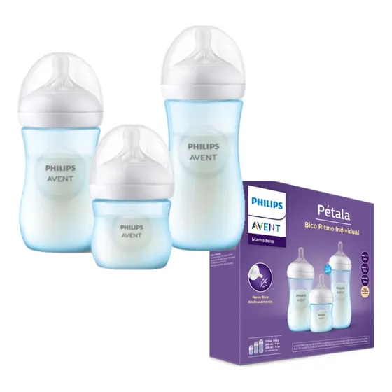 Avent Pétala Philips 3 unidades mamadeiras 3.0 125mL 260mL 330mL color azul