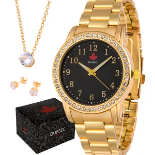 RelĂłgio Dourado Feminino Original Preto + Kit Colar E Brinco RelĂłgio Dourado Feminino Original Preto + Kit Colar E Brinco