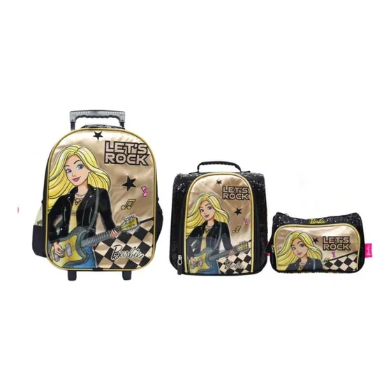 Mochila Barbie C/ Ruedas+cartuchera+ Lonchera Negro Y Dorado