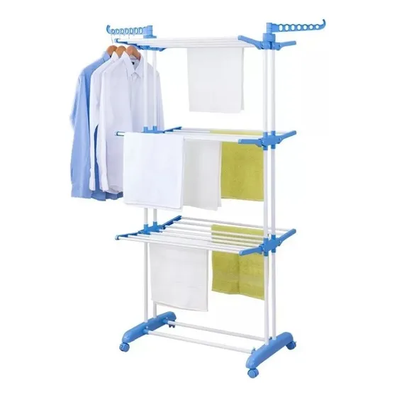 Tender Vertical Jazak 3 niveles ruedas tendedero de pie de ropa con alas y ganchos Resistente caños de acero plegable modelo Renovado /mide 64cm X 75cm X 170cm desplegado