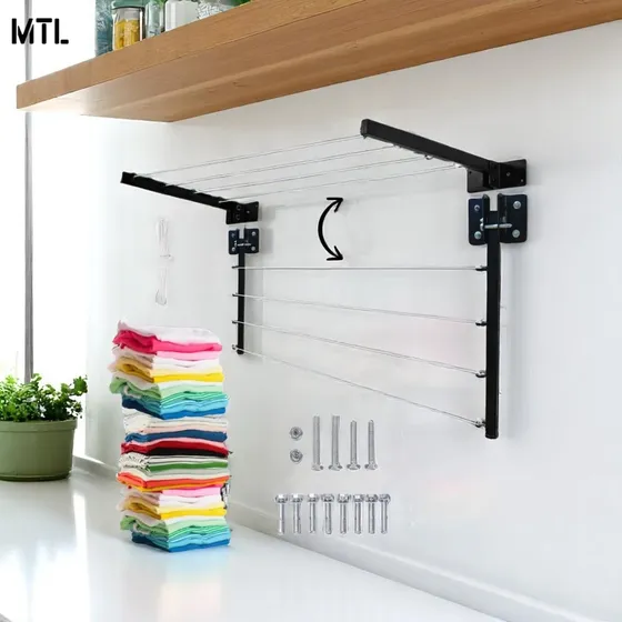 Tender Plegable De Pared Mtl Con Cuerdas Extensibles Ropa Color Negro