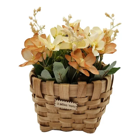 Planta Artificial Macetero Mimbre Flores Amarillas Naranjas