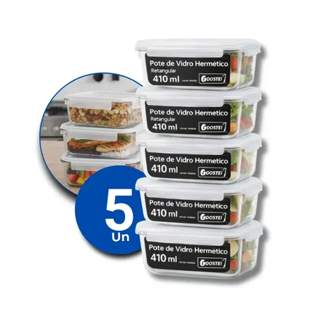 Kit 5 Potes De Vidro Hermetíco 410ml Marmita Forno Retangular Com 4 Travas Gostei!